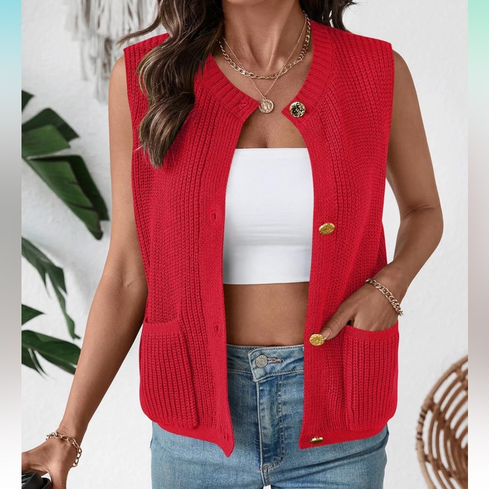 COPY - Vibrant Soft Red Lightweight Button Down Tank Sweater Cardigan Top❤️